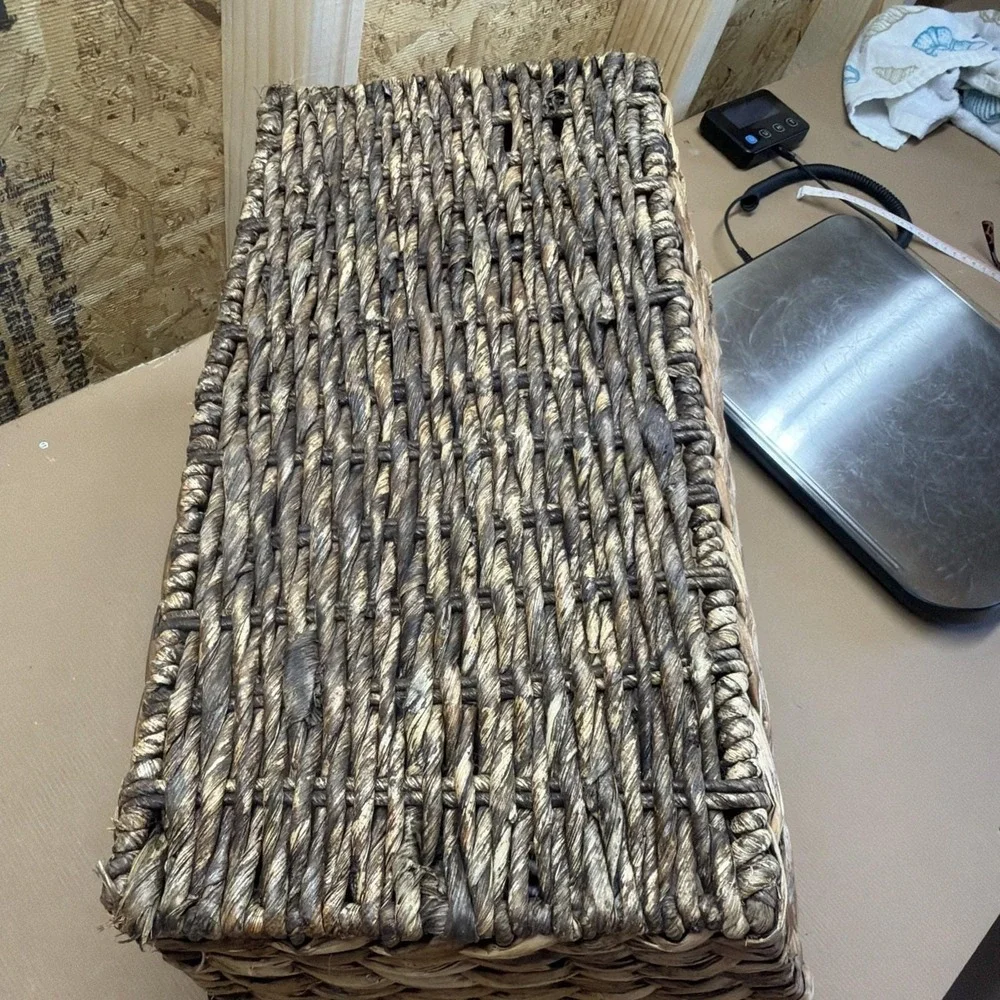 Vtg Woven Hyacinth Reed And Tree Fiber Divided Magazine Holder Wooden Handle 16